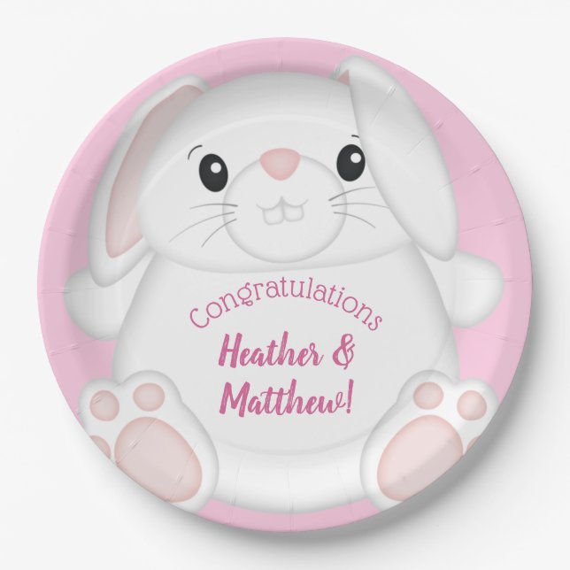 Assiettes En Carton Lapin Baby shower rose (Devant)