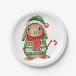 Assiettes En Carton Lapin de Noël festif avec canne à bonbons