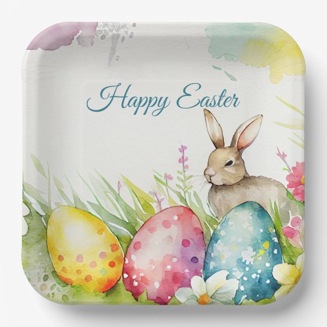 Assiettes En Carton Lapin de Pâques avec trois oeufs de Pâques (Recto)