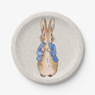Assiettes En Carton Lapin de Pâques Classique Fond de Lin Beige