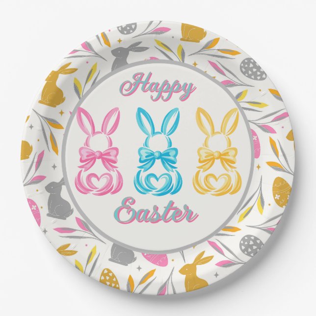 Assiettes En Carton Lapin de Pâques Coquette Heureux (Devant)
