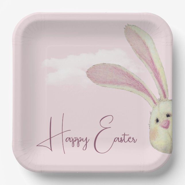 Assiettes En Carton Lapin De Pâques En Rose (Recto)