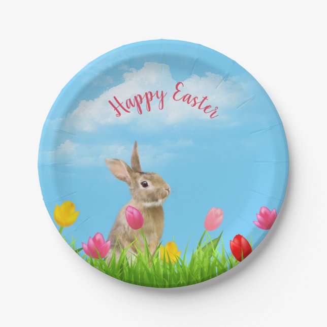 Assiettes En Carton Lapin de Pâques en Tulipes (Devant)