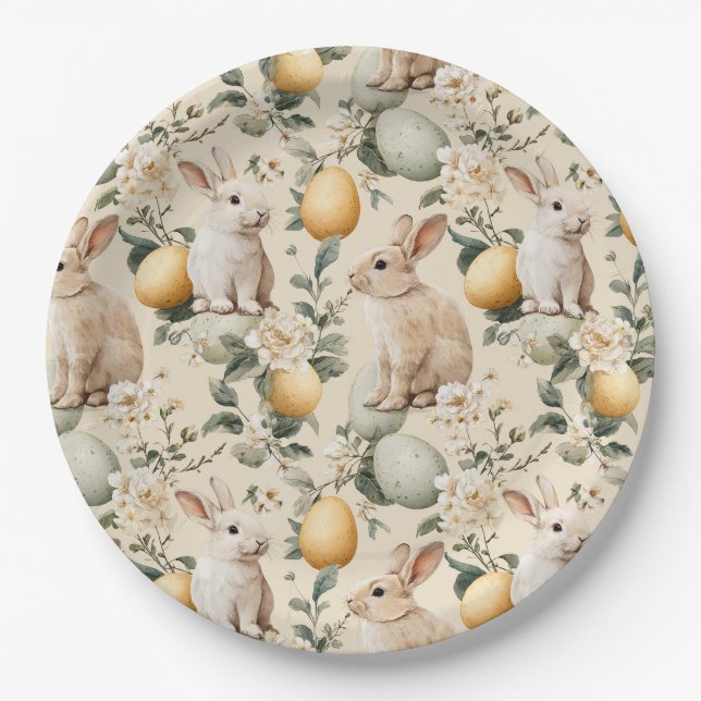 Assiettes En Carton Lapin de Pâques Floral Vintage (5) (Devant)