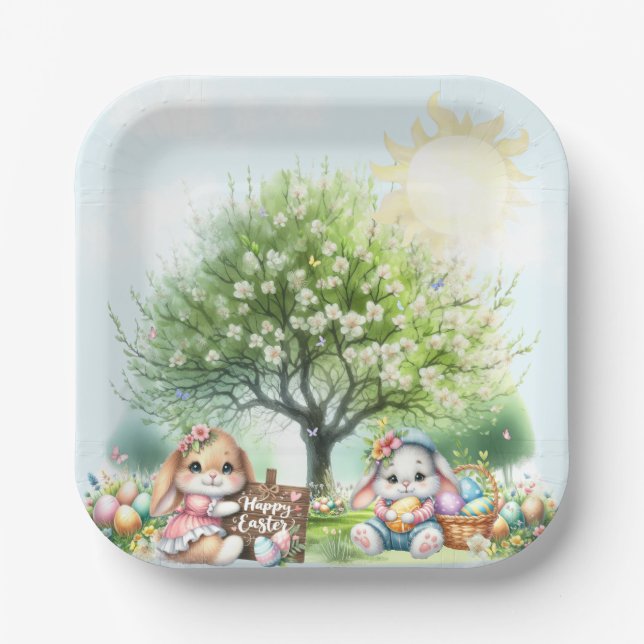 Assiettes En Carton Lapin de Pâques personnalisé à l'aquarelle (Recto)