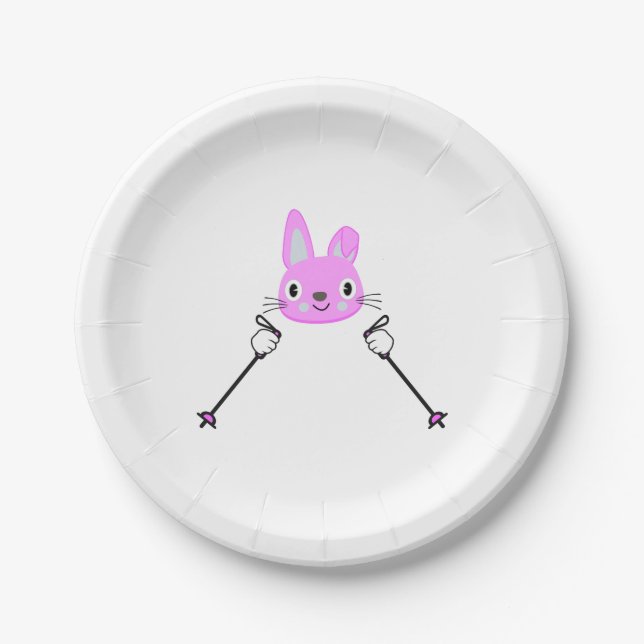 Assiettes En Carton Lapin de ski avec bâtons de ski (Devant)