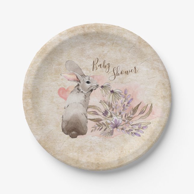 Assiettes En Carton Lapin doux et Baby shower Fleurs Filles (Devant)