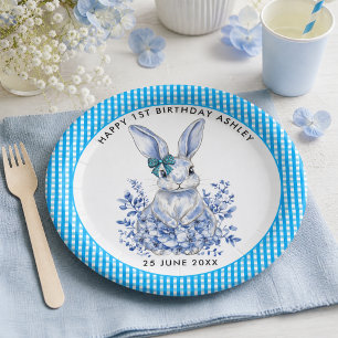 Assiettes En Carton Lapin Floral Bleu 1er Anniversaire pour Enfants