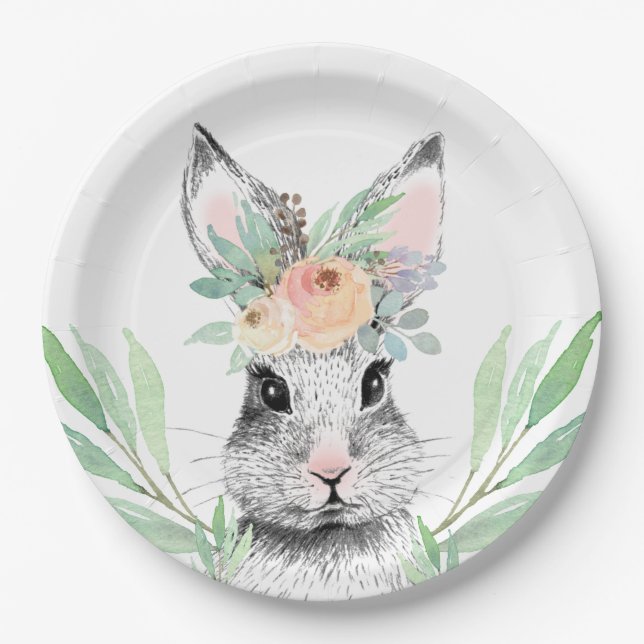 Assiettes En Carton Lapin Floral Pâques (Devant)