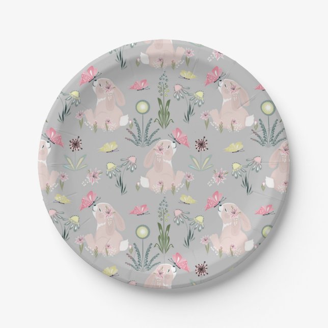 Assiettes En Carton lapin mignon avec fleurs et papillons (Devant)
