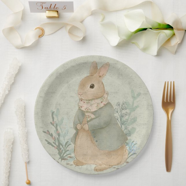 Assiettes En Carton Lapin pierre vintage avec fleurs Plaque en papier (Mariage)