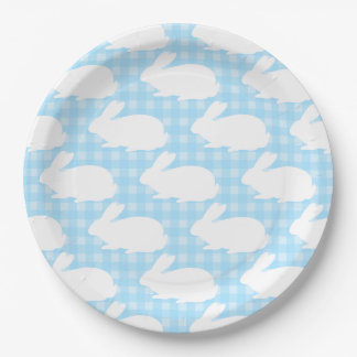 Assiettes En Carton Lapins blancs sur motif gingham bleu pastel