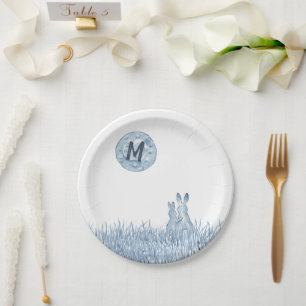 Assiettes En Carton Lapins Bleus Simple, Monogramme Lune Personnalisé,
