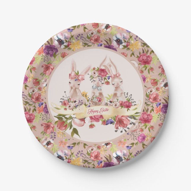 Assiettes En Carton Lapins heureux d'aquarelle de brunch de Pâques (Devant)