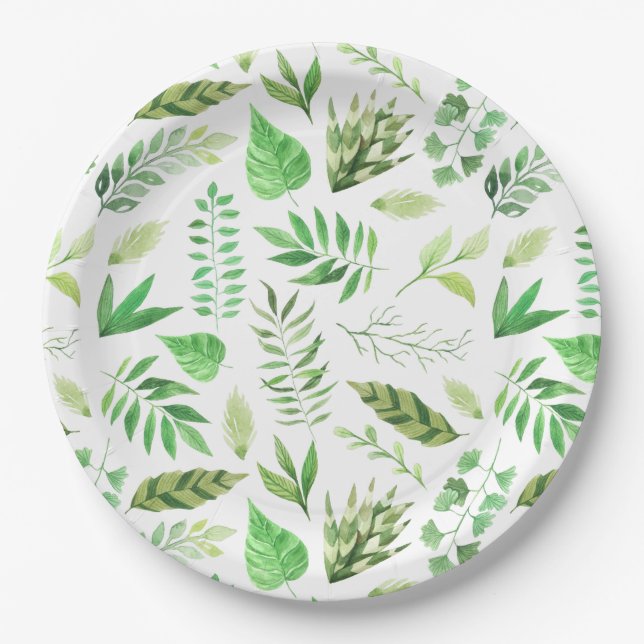 Assiettes En Carton L'aquarelle lunatique laisse la verdure | (Devant)