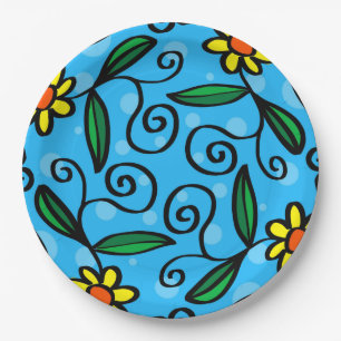 Assiettes En Carton L'art jaune de griffonnage de fleur conçoit les