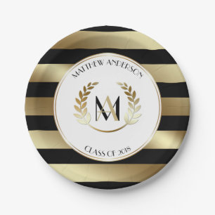 Assiettes En Carton Laurel Monogrammed Black and Gold Graduation Party