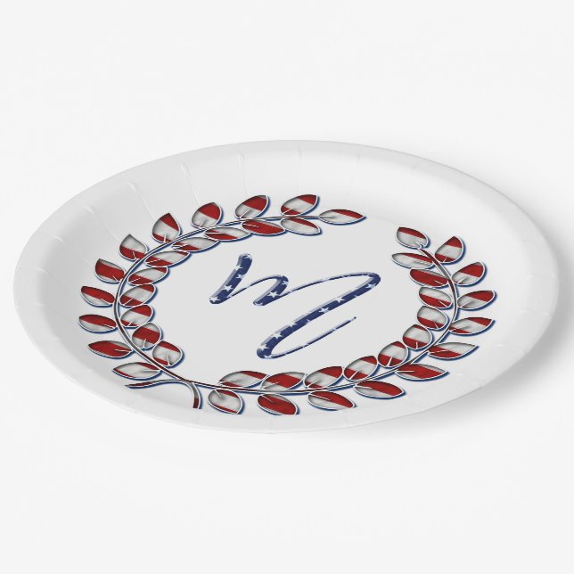 Assiettes En Carton Laurel Wreath Stations and Stripes Monogramme M (Angle)