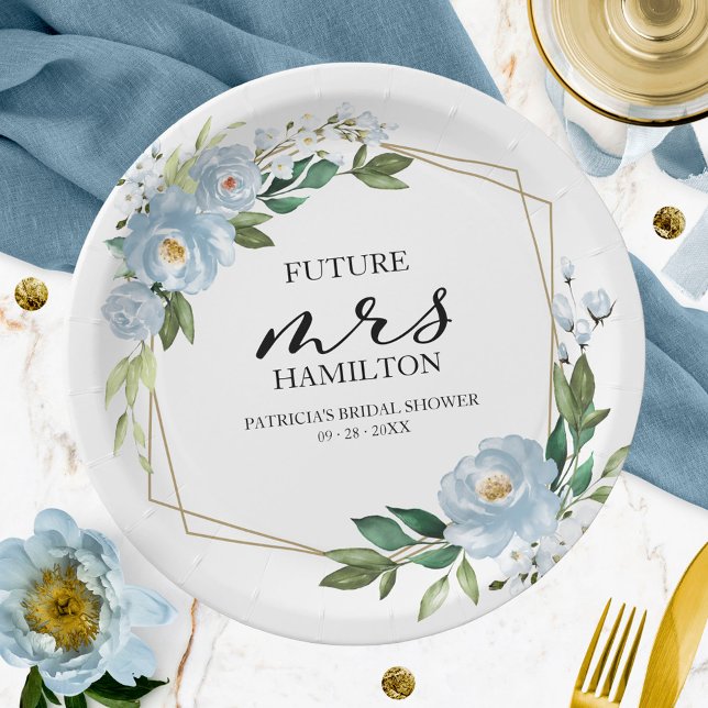Assiettes En Carton Lavage de mariage floral bleu poussiéreux géométri (Créateur téléchargé)