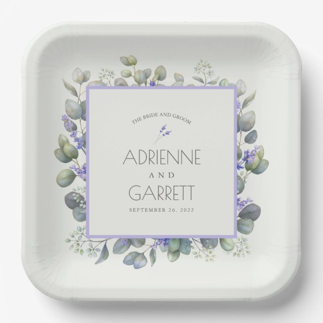 Assiettes En Carton Lavande avec Eucalyptus Mariage Carré (Recto)