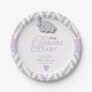 Assiettes En Carton Lavande, baby shower gris blanc d'éléphant