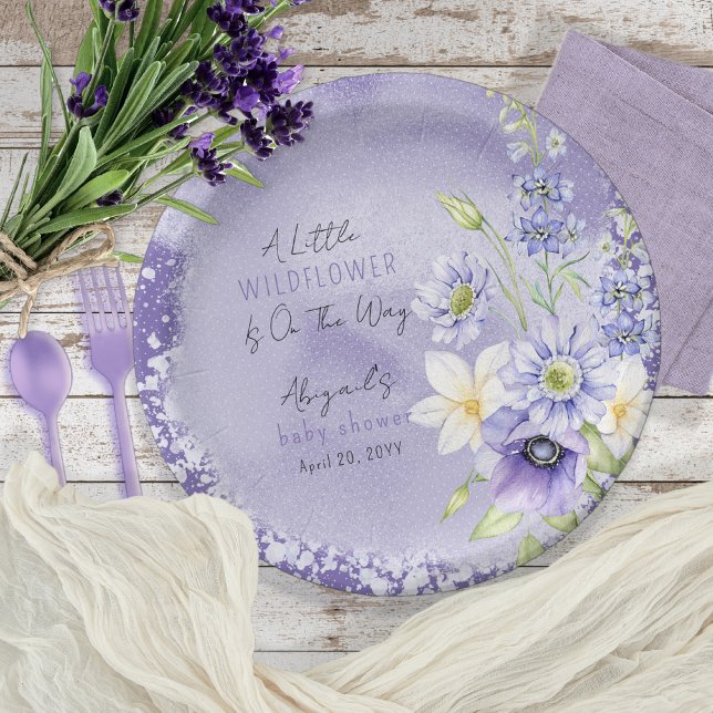 Assiettes En Carton Lavender Boho Un Petit Baby shower Fleur sauvage (A Little Wildflower Is On The Way Lavender Floral Baby Shower Paper Plates)