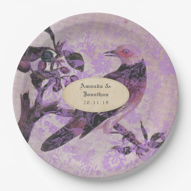 Assiettes En Carton Lavender Damask Bird Mariage (Devant)