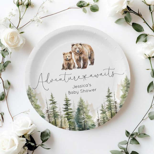 Assiettes En Carton L'aventure attend le baby shower de l'ours foresti (Créateur téléchargé)