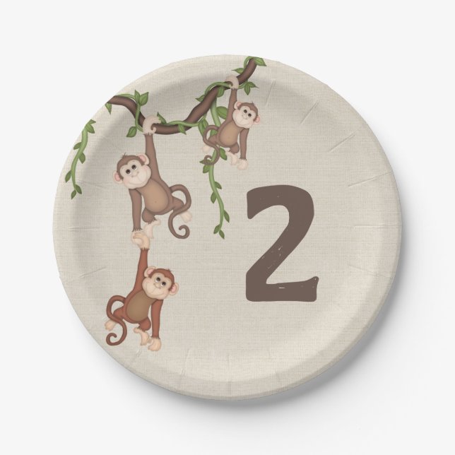 Assiettes En Carton Le 2e anniversaire de l'enfant des mignons singes (Devant)