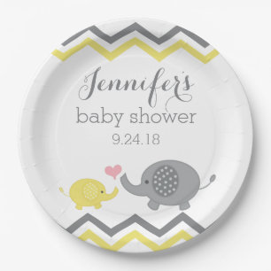 Assiettes En Carton Le baby shower d'éléphant plaque Chevron gris