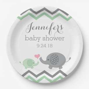 Assiettes En Carton Le baby shower d'éléphant plaque Chevron gris
