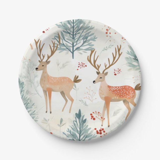 Assiettes En Carton Le Cerf D'Aquarelle En Forêt D'Hiver Noël (Devant)