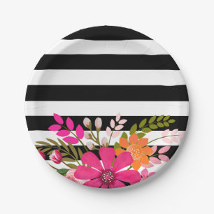 Assiettes En Carton Le folklore rayé noir et blanc fleurit le fuchsia