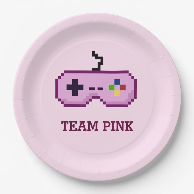 Assiettes En Carton le genre du Gamer 8bit indiquent le rose d'équipe (Devant)