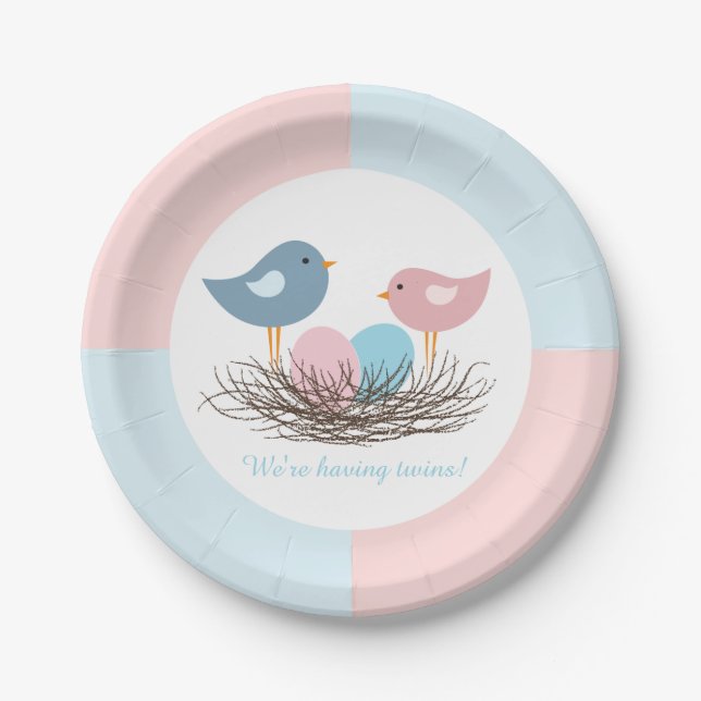 Assiettes En Carton Le nid d'oiseaux jumeaux | Baby shower (Devant)