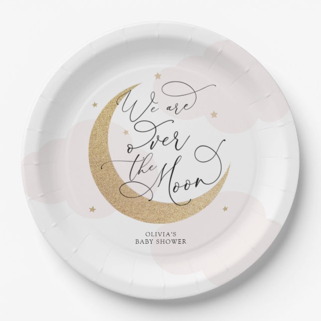 Assiettes En Carton Le rose sur le Baby shower de la lune (Devant)