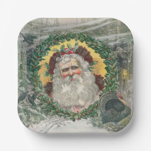 Assiettes En Carton Le visage du Père Noël au milieu d'un Noël