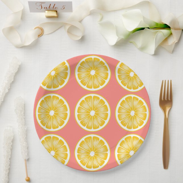 Assiettes En Carton Lemonade rose moderne & Jaune (Mariage)