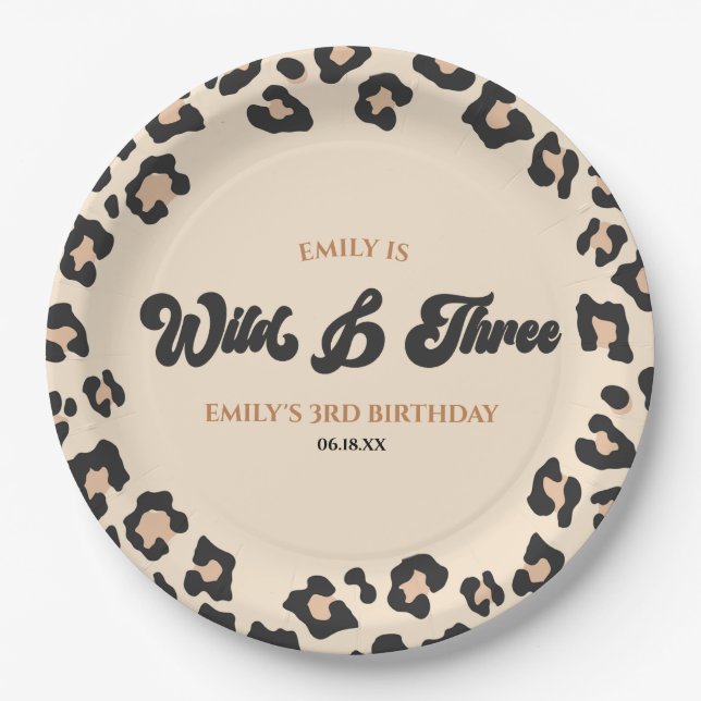 Assiettes En Carton Leopard Cheetah Wild & Three 3e fête d'anniversair (Devant)
