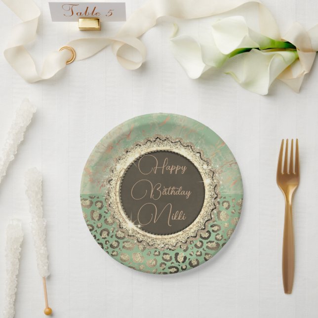 Assiettes En Carton Léopard de marbre vert LIme (Mariage)