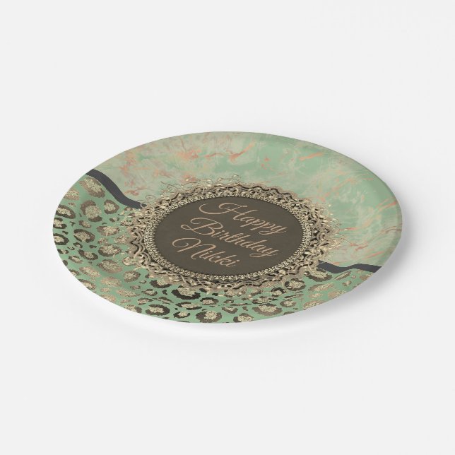Assiettes En Carton Léopard de marbre vert LIme (Angle)
