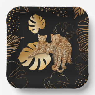 Assiettes En Carton Léopard feuille d'or noir