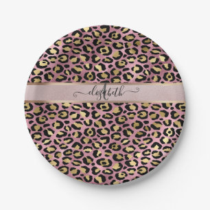 Assiettes En Carton Léopard Motif Monogram Rose Gold Black