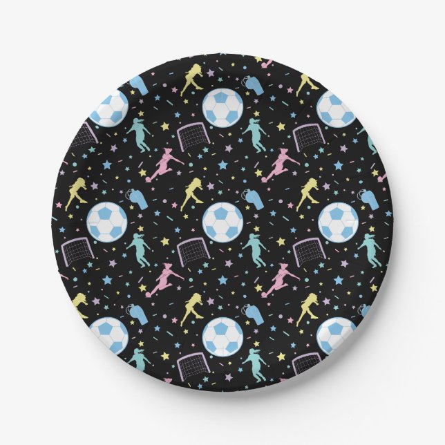 Assiettes En Carton Les filles soccer Silhouettes Étoiles et étincelle (Devant)