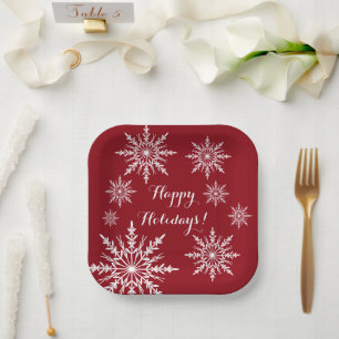Assiettes En Carton Les flocons blancs sur Red Happy Holidays