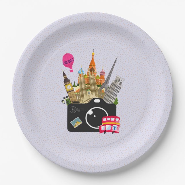 Assiettes En Carton Les monuments européens avec une caméra (Devant)