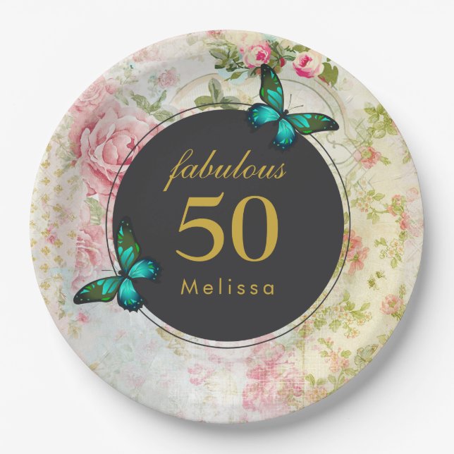Assiettes En Carton Les papillons vert émeraude sur Shabby Motif (Devant)