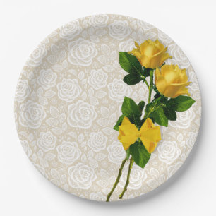 Assiettes En Carton Les roses jaunes cintrent la dentelle blanche