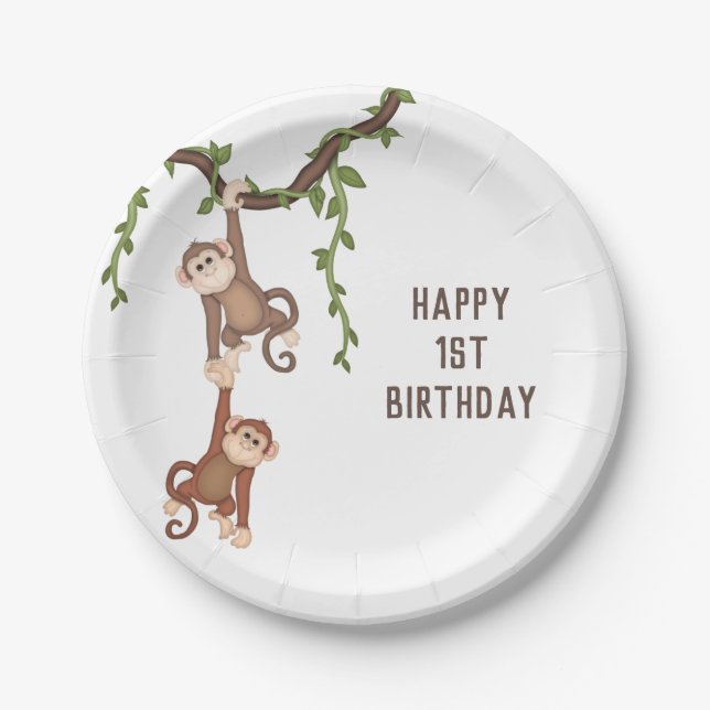 Assiettes En Carton Les singes mignons 1er anniversaire de l'enfant (Devant)