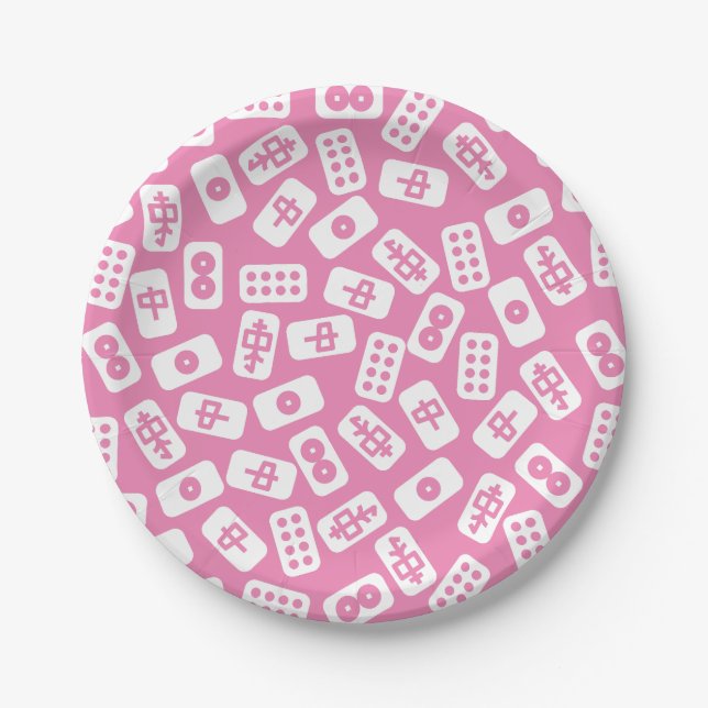 Assiettes En Carton Les tuiles du Mahjong blanches roses (Devant)